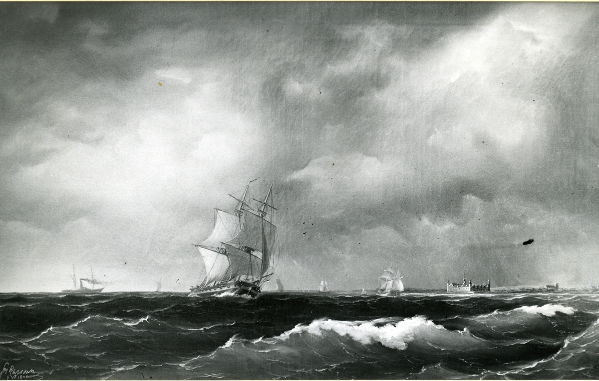 Fregatt i Öresund.
Oljemålning 1850.
Storlek 62 x 99,5 cm.