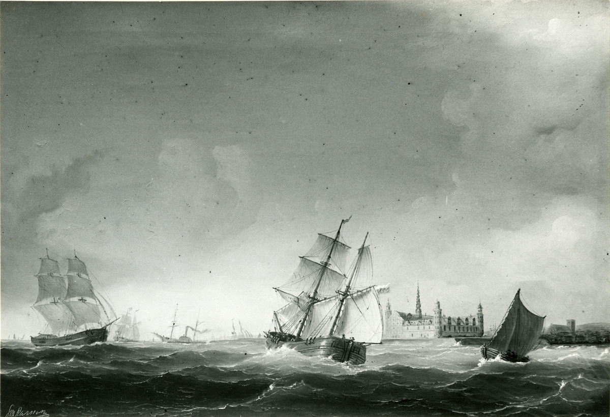Vy av Öresund.
Oljemålning 1850.
Storlek 50 x 72 cm.