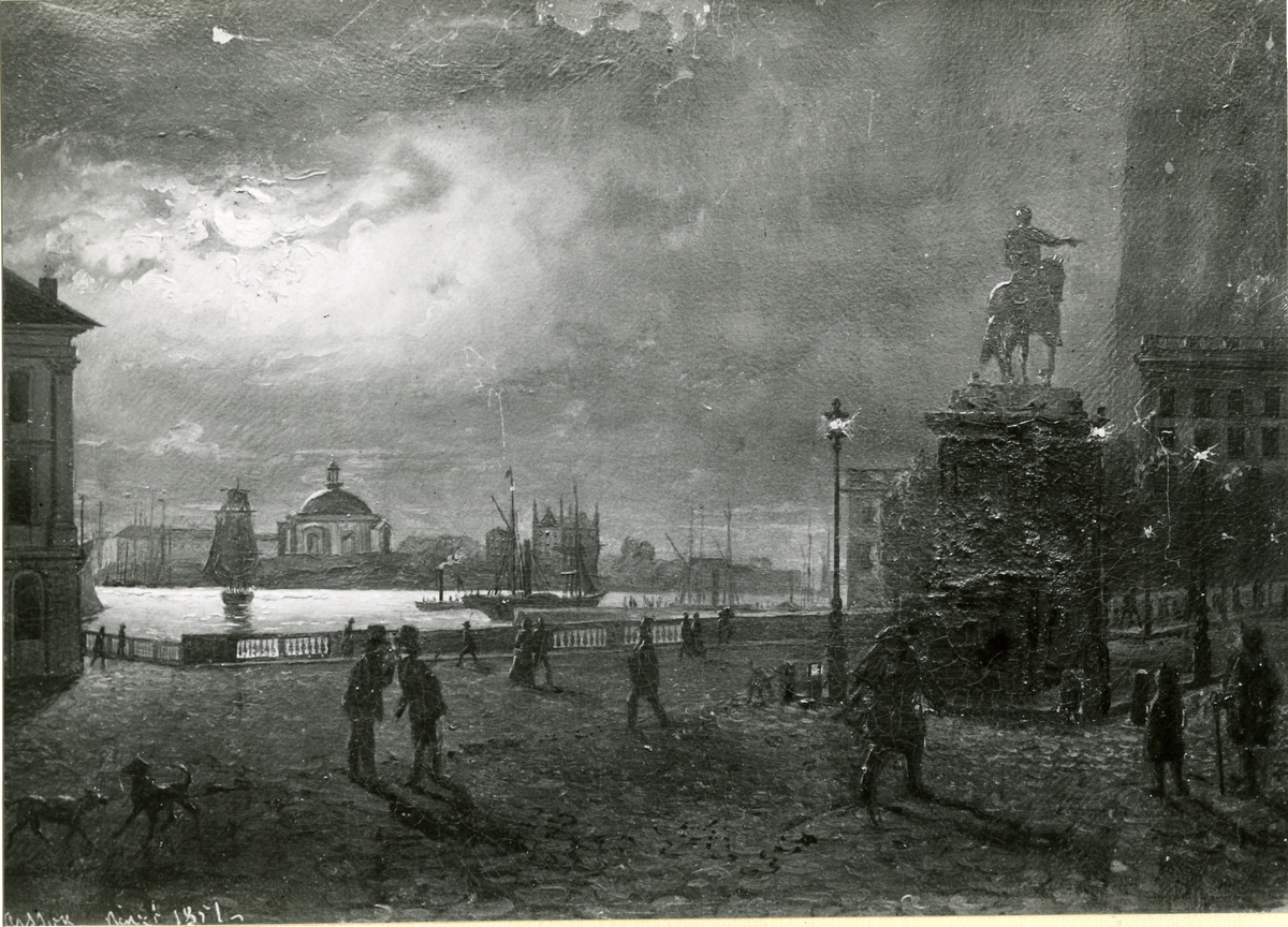Gustaf Adolfs torg i månsken.
Oljemålning 1851.
Storlek 20,5 x 29,5 cm.