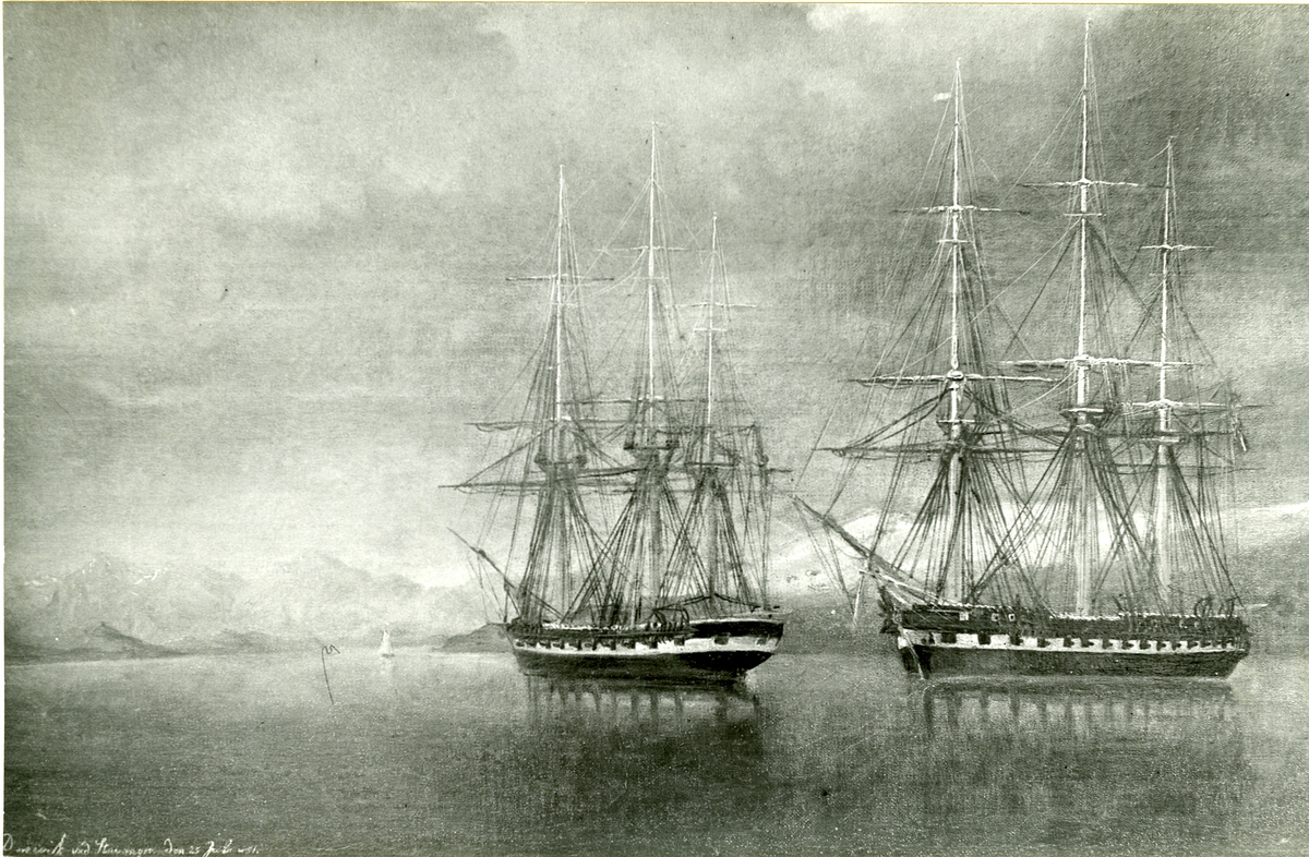 Fregatten Josephine och Korvetten Lagerbielke vid Dusevik i Norge, studie.
Oljemålning 1851.
Storlek 35 x 54 cm.