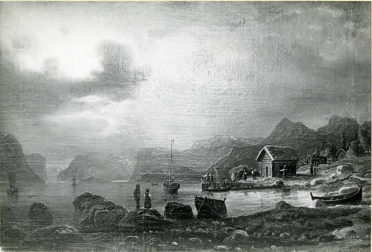 Norskt fjordlandskap.
Oljemålning 1852.
Storlek 37 x 56 cm.