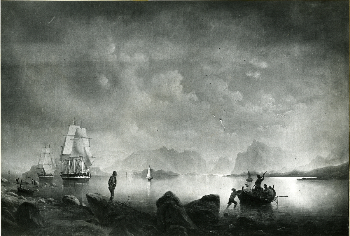 Fregatten Josephine och Korvetten Lagerbielke till ankars i norsk hamn.
Oljemålning 1852.
Storlek 102 x 145 cm.