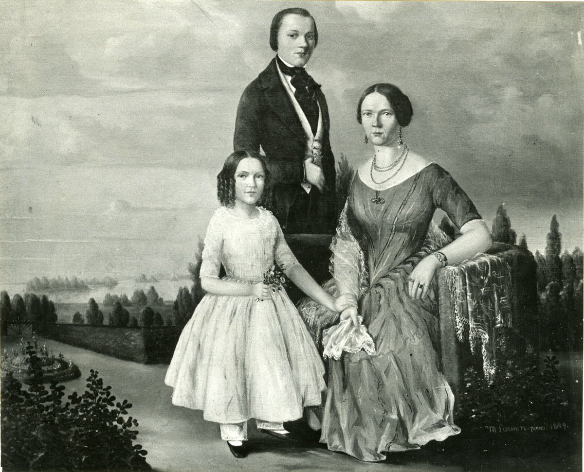 Familjegrupp i landskap.
Oljemålning 1849.
Storlek 55,5 x 68 cm.