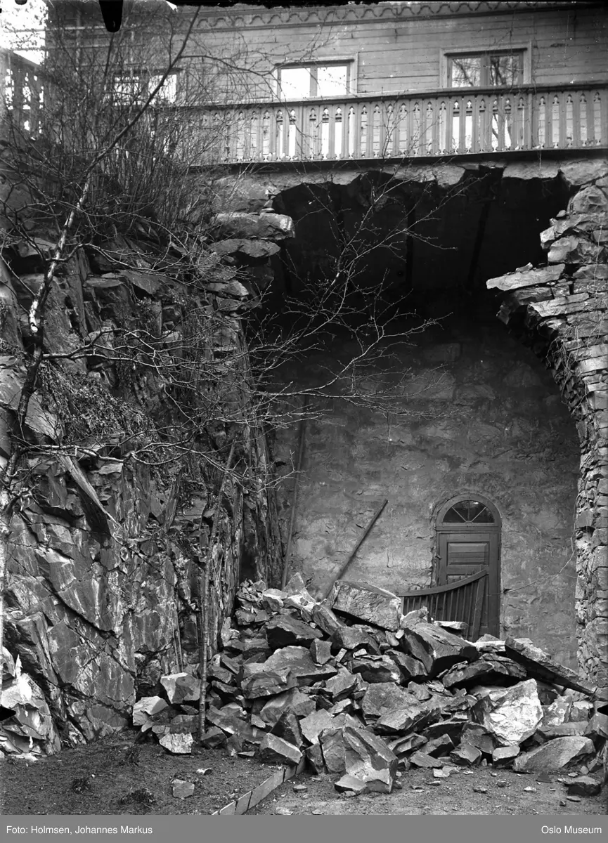 grotte, stein, dør, nedrast mur