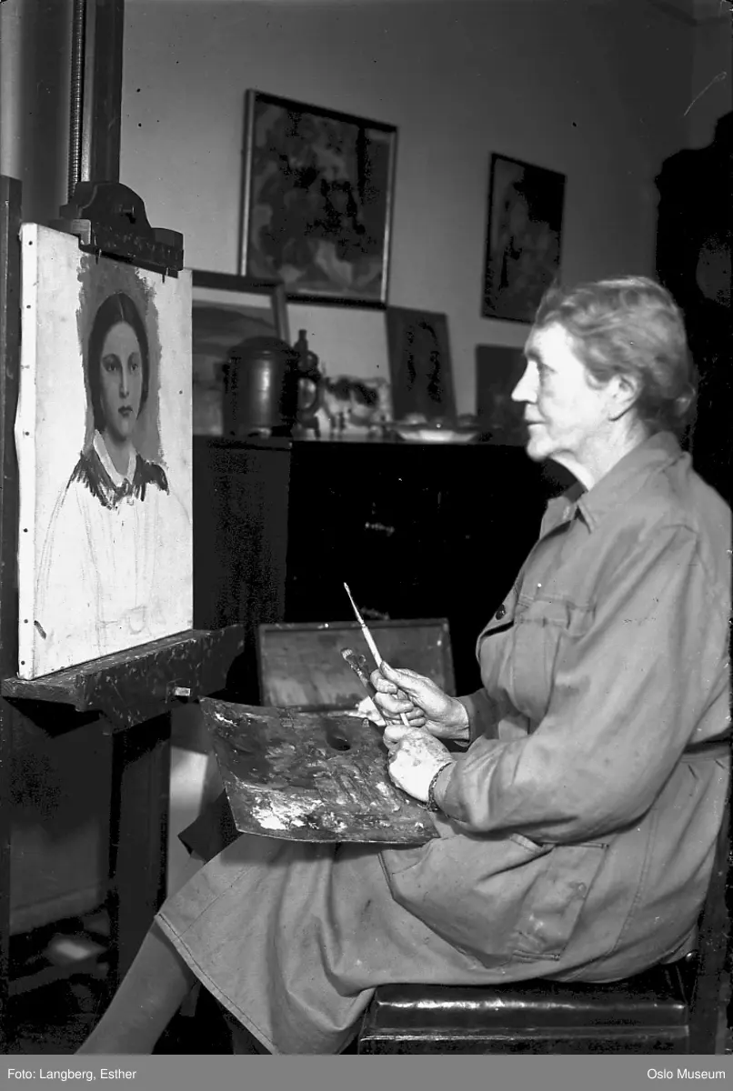 interiør, atelier, kvinne, palett, staffeli, maleri