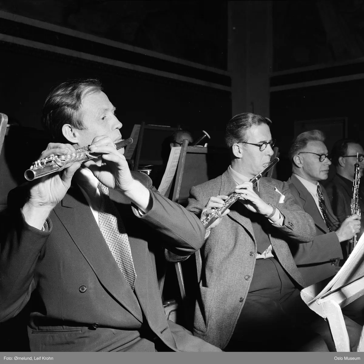 Universitetet, interiør, aulaen, Filharmonisk Selskaps Orkester, musikere, fløytister, prøve