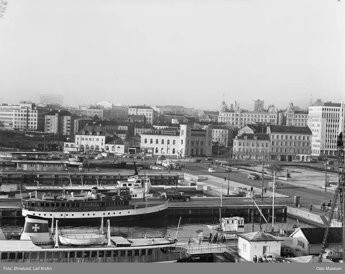 utsikt, havn, båter, bygårder, forretningsgårder, Vestbanestasjonen, biler, mennesker, gateliv