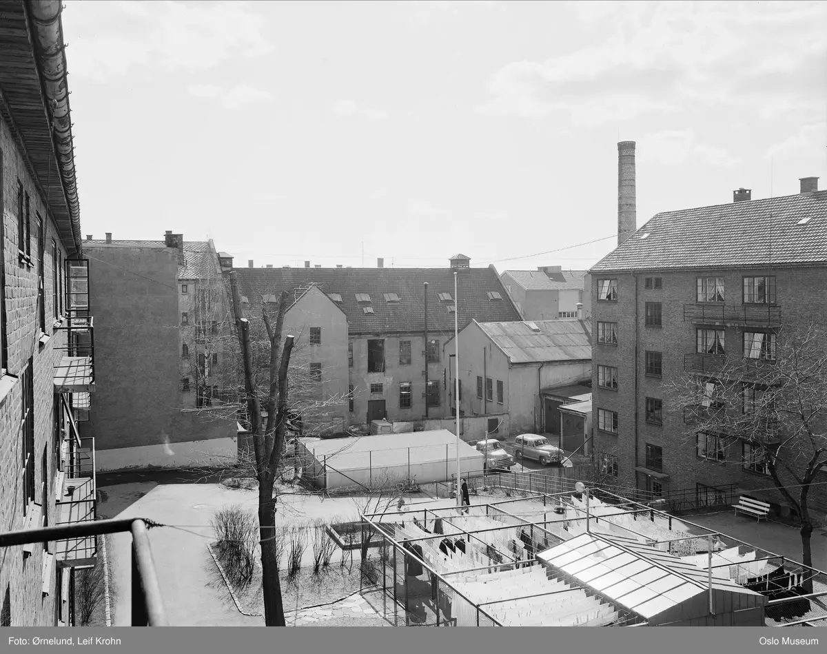 gårdsinteriør, bygårder, verkstedbygninger, fabrikkpipe, tørkebåser