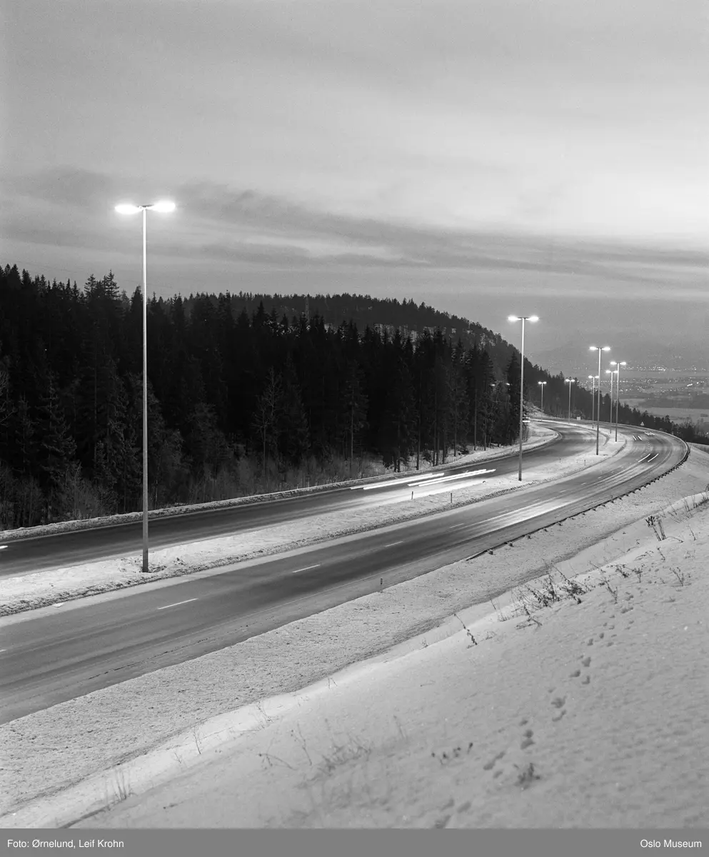 vei, gatebelysning, skog, kulturlandskap, snø