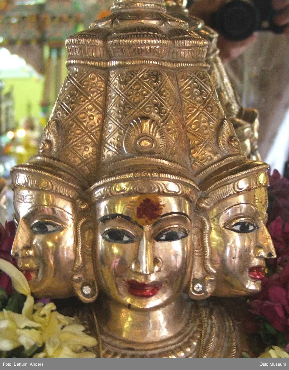 Hinduisme, Sivasubramanyar Alyam, tempel, Tiruvela, Murugans bryllup, seremoni, guder, maske, blomster, frukt, alter, prosesjon, ild, mann, kvinne, barn,