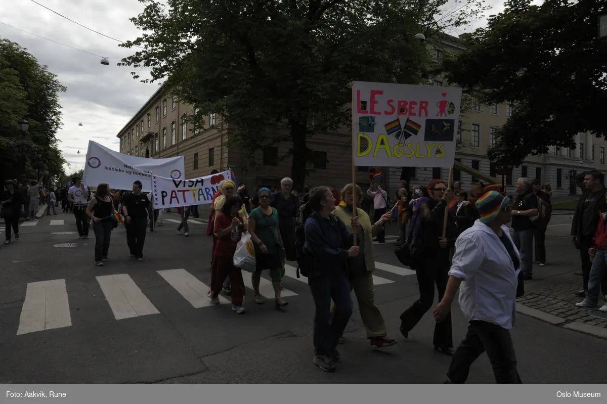 Fotodokumentasjon av Homoparaden 2008. Mennesker, opptog, parade, kostymer, kjøretøy, tilskuere, bannere, paroler, parykker, sminke.