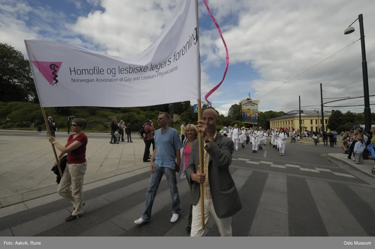 Fotodokumentasjon av Homoparaden 2008. Mennesker, opptog, parade, kostymer, kjøretøy, tilskuere, bannere, paroler, parykker, sminke.