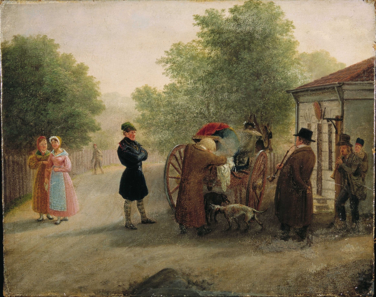 Til h. står tolleren med langpipe i munnen og ser på den tilreisende vise frem sitt gods. Aksisehuset til h. lå på hjørnet av den gamle Ruseløkkveien og Filosofgangen, omtrent hvor Henrik Ibsens statue nå står. Hagen til v. er nå Studenterlunden og til h. ligger Grünings løkke. 