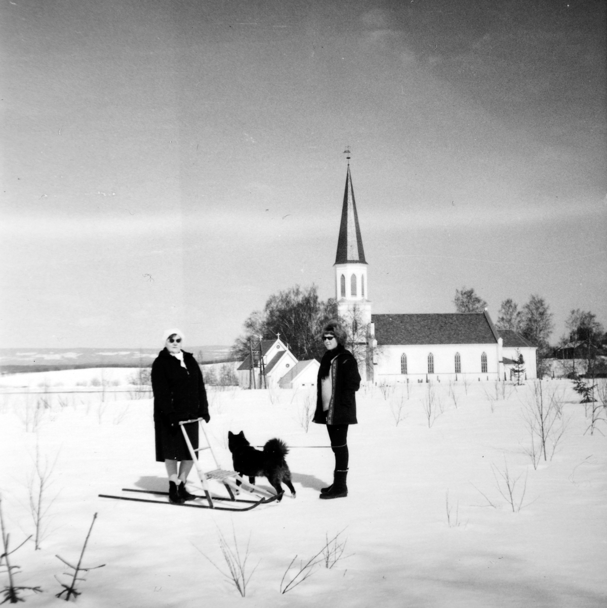 Sparktur på skare, hund, to ukjente personer, spark, Romedal kirke i bakgrunnen, Romedal, Stange. 