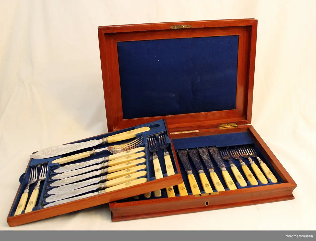 Fiskebestikket består av 12 gafler, 12 kniver. og serveringsbestikk som består av en gaffel og en kniv.
Skaftet består av perlemor med monogram.
Bladet på kniven er dekorert med stiliserte blomster og en fisk.