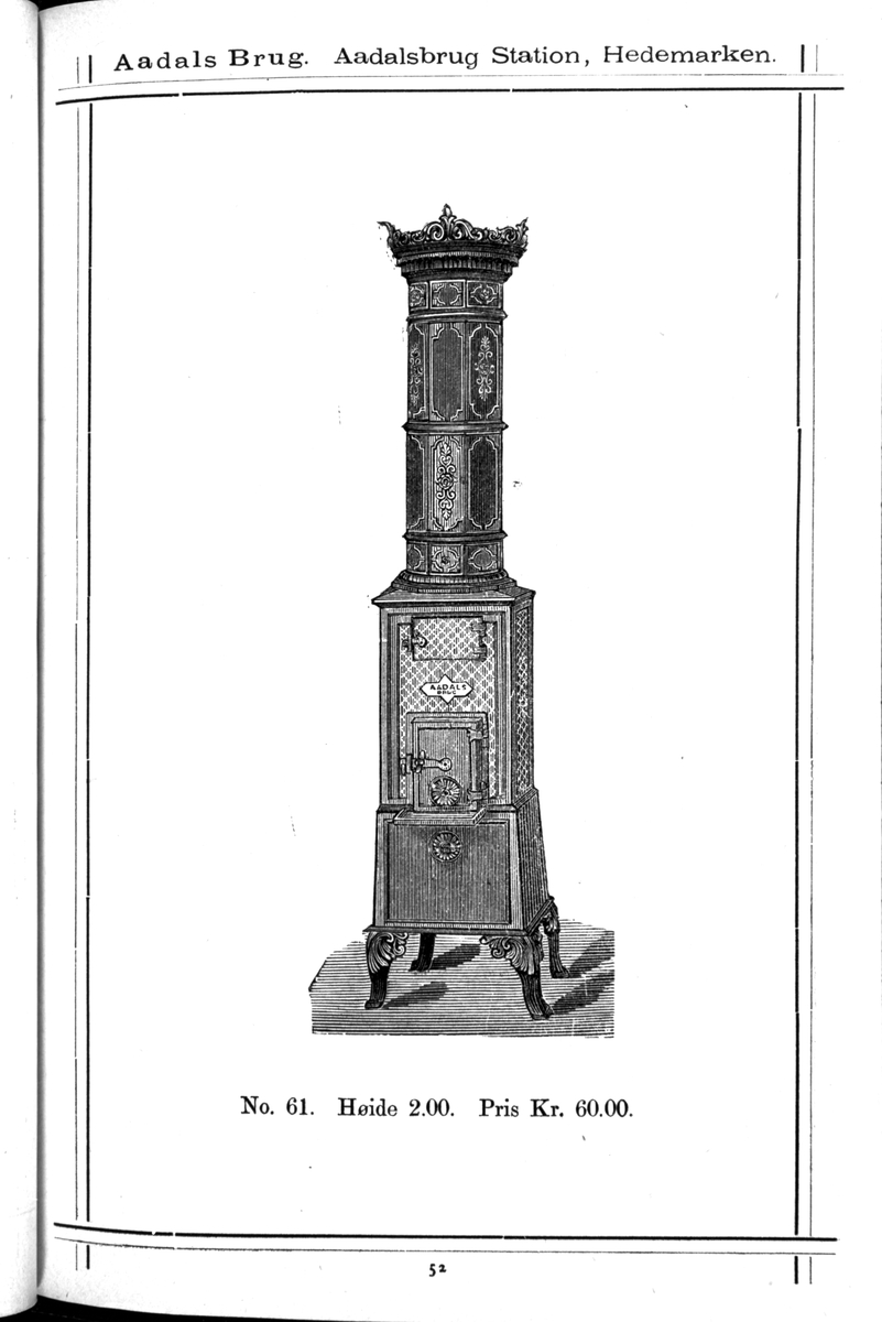 Avfotografert produktkatalog fra 1882. Illustrert katalog/prisliste fra Aadals Brug, Jern og metalstøperi. Ådalsbruk, Løten. Jernovnillustrasjoner fra katalogen. 