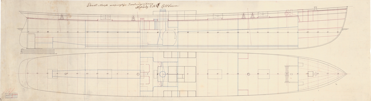 Ursprunglig inredningsritning i profil och plan