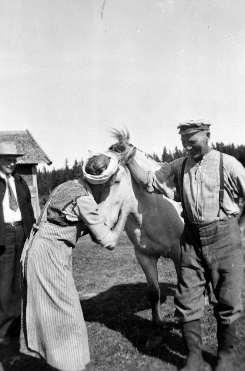 Putten, Furnes, ca. 1935. F. v. Andreas Haakensen Pinnerudbakken (på besøk fra U. S. A., nabo) Eline Knutsen og Johannes Knutsen Putten med hesten "Blakken"