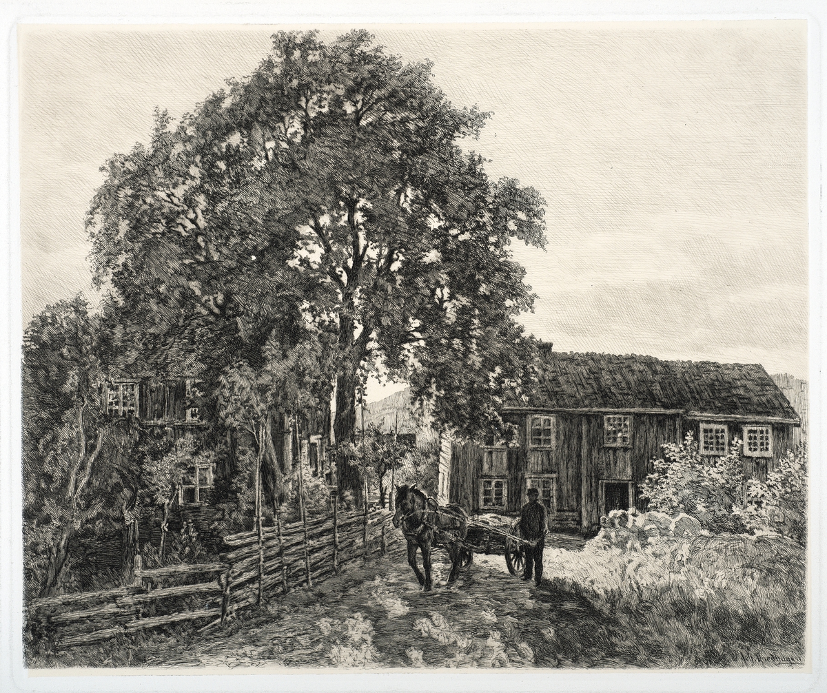 Radering av Johan Nordhagen, Gammel Hedmarksgård, 1910, mann med hest på tunet, Jønsrud gård i Veldre, Ringsaker 