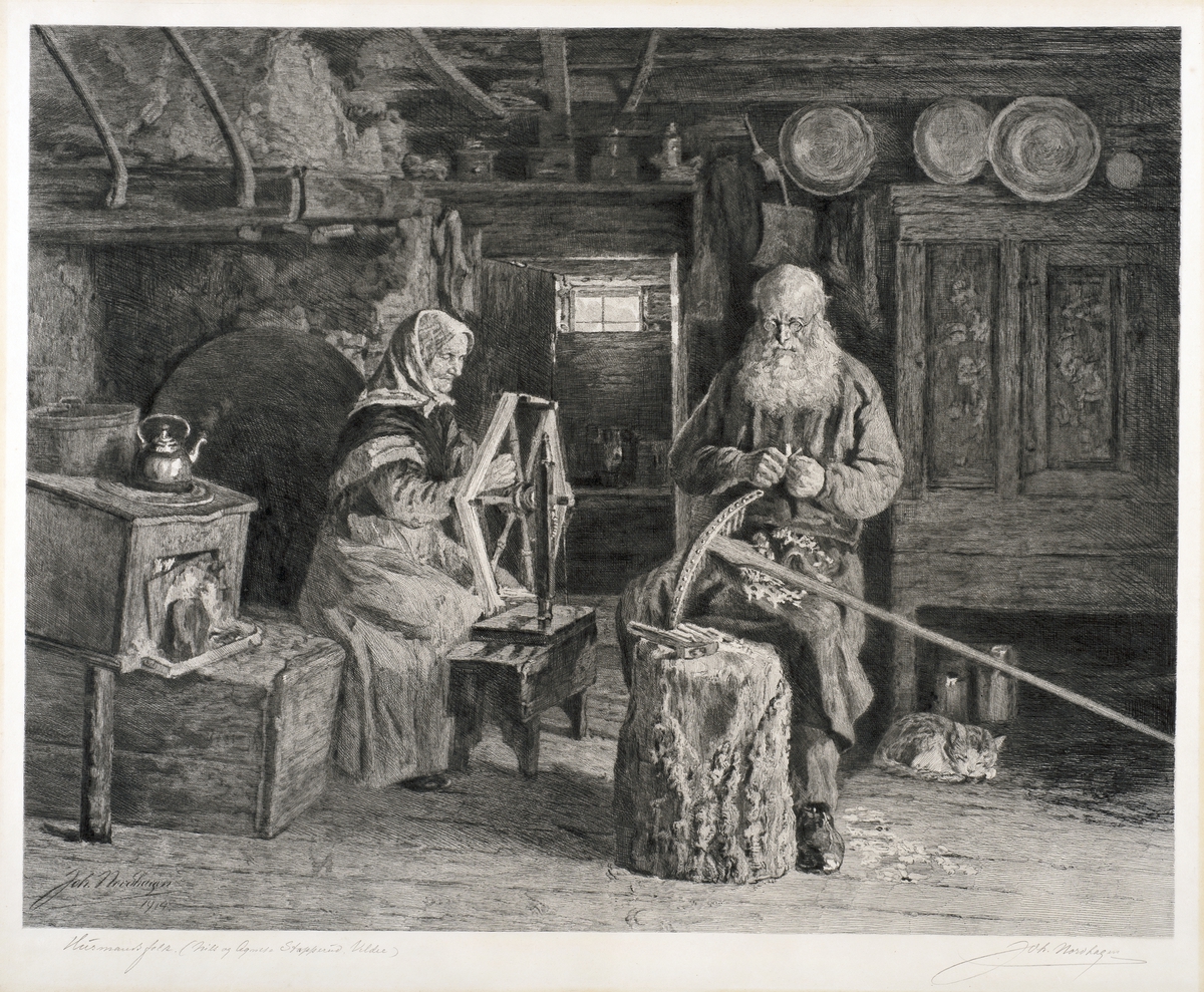 Radering av Johan Nordhagen, 1914 Husmannsfolk, interiør, Agnethe Stapperud og Nils Stapperud tinner rive, husmannsplassen Stapperurud under Vinju gård i Veldre, Ringsaker, 