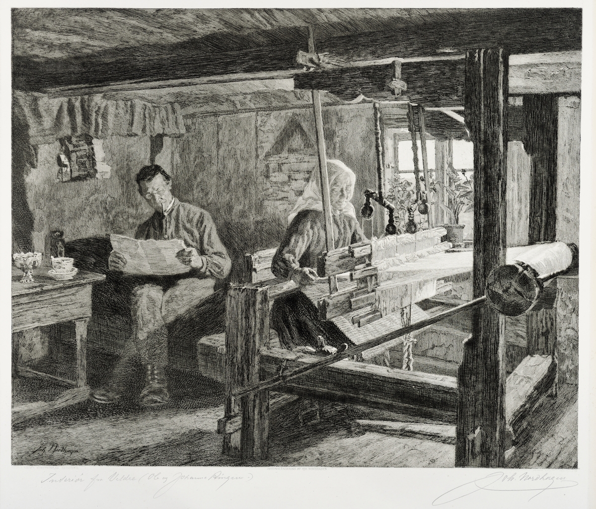Radering av Johan Nordhagen, 1905, Dugurdshvil, Ole Ringen leser avisen og Johanne Ringen ved vevstolen, interiør Ringen gård i Veldre, Ringsaker, 

