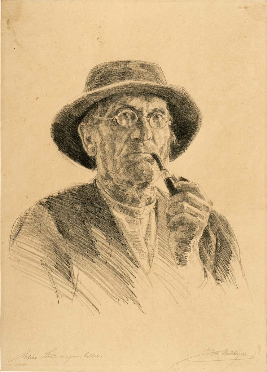 Radering av Johan Nordhagen, portrett Elias Sørlundsenegen røyker pipe, 1900