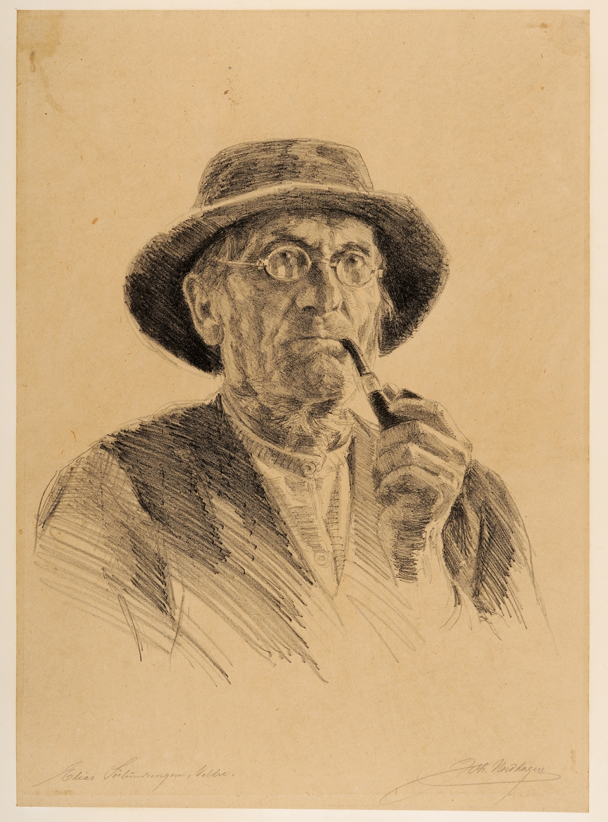 Radering av Johan Nordhagen, portrett Elias Sørlundsenegen røyker pipe, 1900