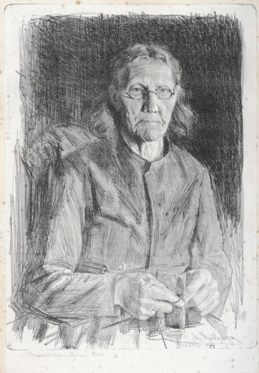 Litografi av Johan Nordhagen, 1899, Marte Katrinhagen strikker, strikketøy, Veldre, Ringsaker, 
