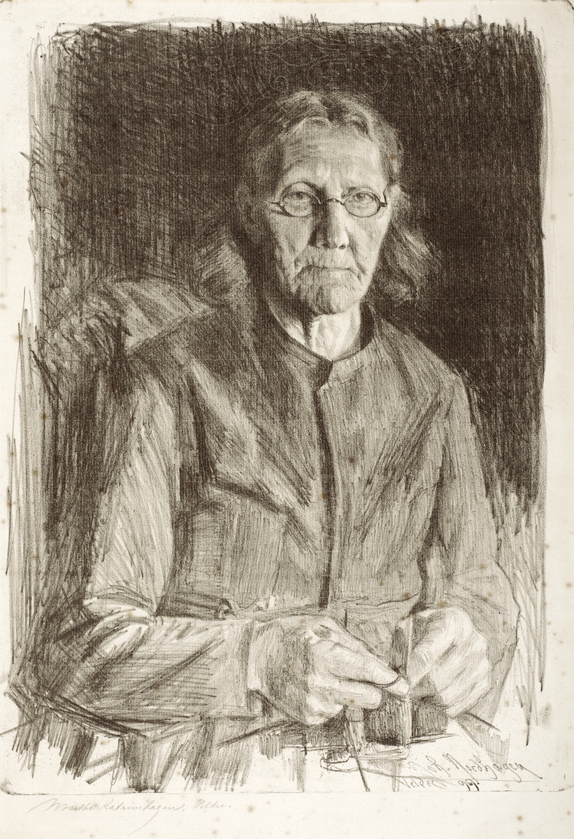 Litografi av Johan Nordhagen, 1899, Marte Katrinhagen strikker, strikketøy, Veldre, Ringsaker, 