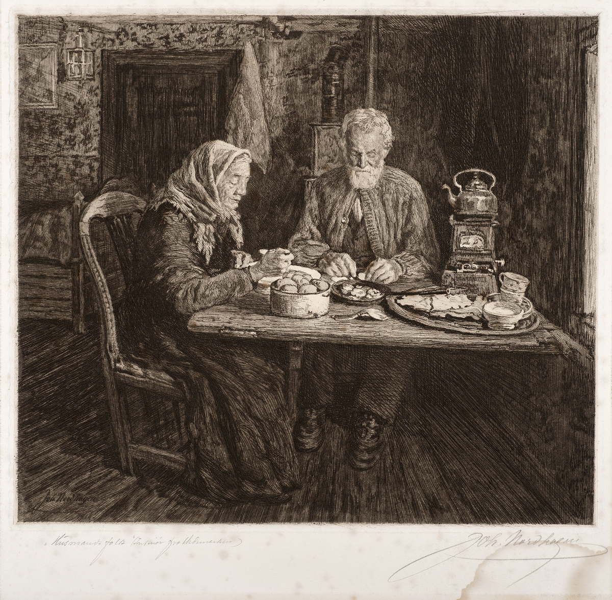 Radering av Johan Nordhagen, 1911, motiv: Husmannsfolk, Syverine og Johannes Gønnerstuen spiser middag, husmannsplassen Gønnerstua under Vinju gård i Veldre, Ringsaker,

