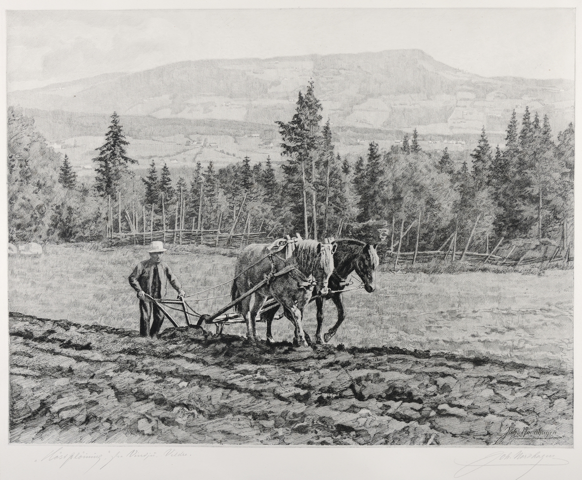 Radering av Johan Nordhagen, 1927, Plogkaren, gardskar Aksel Berntsen pløyer med to hester på Flisaker gård, Veldre i Ringsaker, 