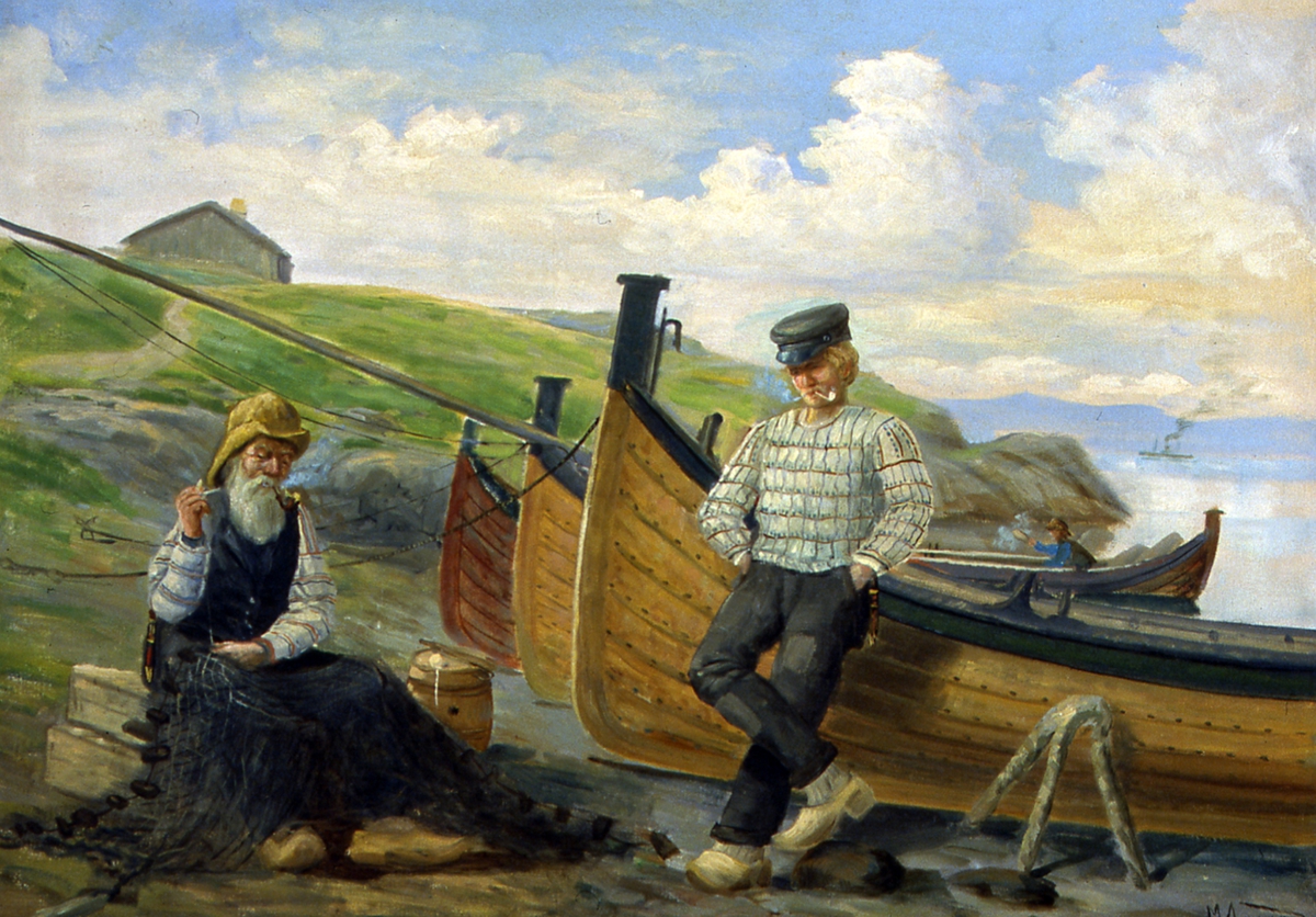 To fiskere foran båter på stranden. 
