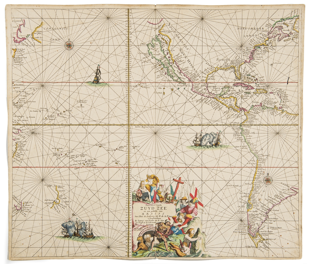 Karta över Stilla havet. 
Stora delar av Nord- och Sydamerika visas och i vänstra kanten skymtar delar av Asien, bland annat Japan och Tasmanien.

I nedre kanten kring kartusch syns många personer och djur. Militärer i samtida uniformer med spjut bakom sig och ett kors. En jordglob. En man som håller två ymnighetshorn. En man med spade och kläder med fjädrar. En bevingad yngling som rider på ett sjöodjur.

Till havs avbildas flera segelfartyg varav några är inbegripna i sjöstrid.