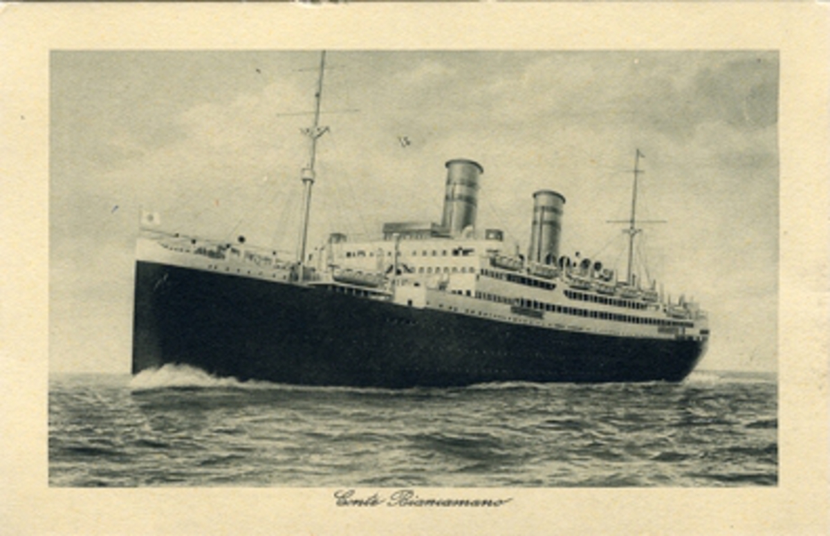 Italienska oceanångaren S/S CONTE BIANCAMANO. Vykort.