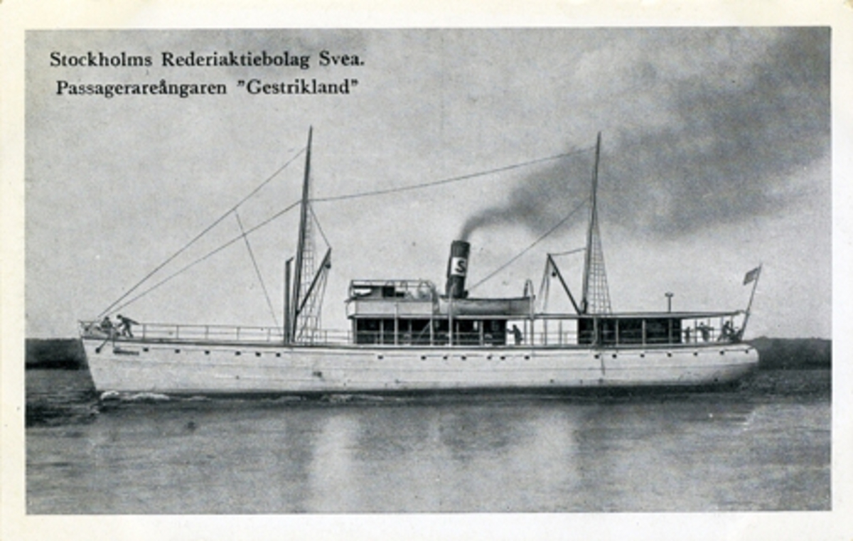 Stockholms Rederiaktiebolag Svea. Passagerarångaren "Gestrikland". Tidtabell på baksidan. Daterat till 1927
