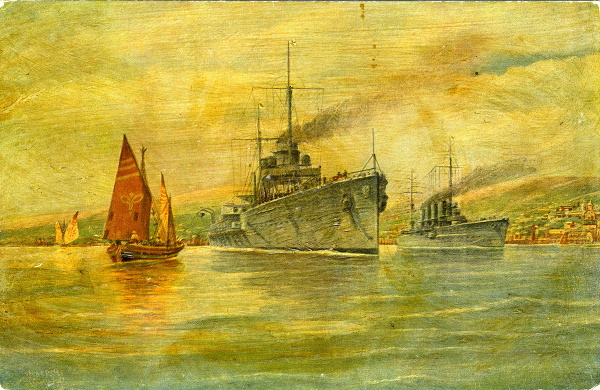 Oleoplast-Ölgemälde
ges. gesch. Nr 221212
Nr. 638. "Goeben" und "Breslau" vor Messina (jesst türkisch "Sultan Jawus Selim" und "Midilli") pinx. Nipprasch-Scarpin.