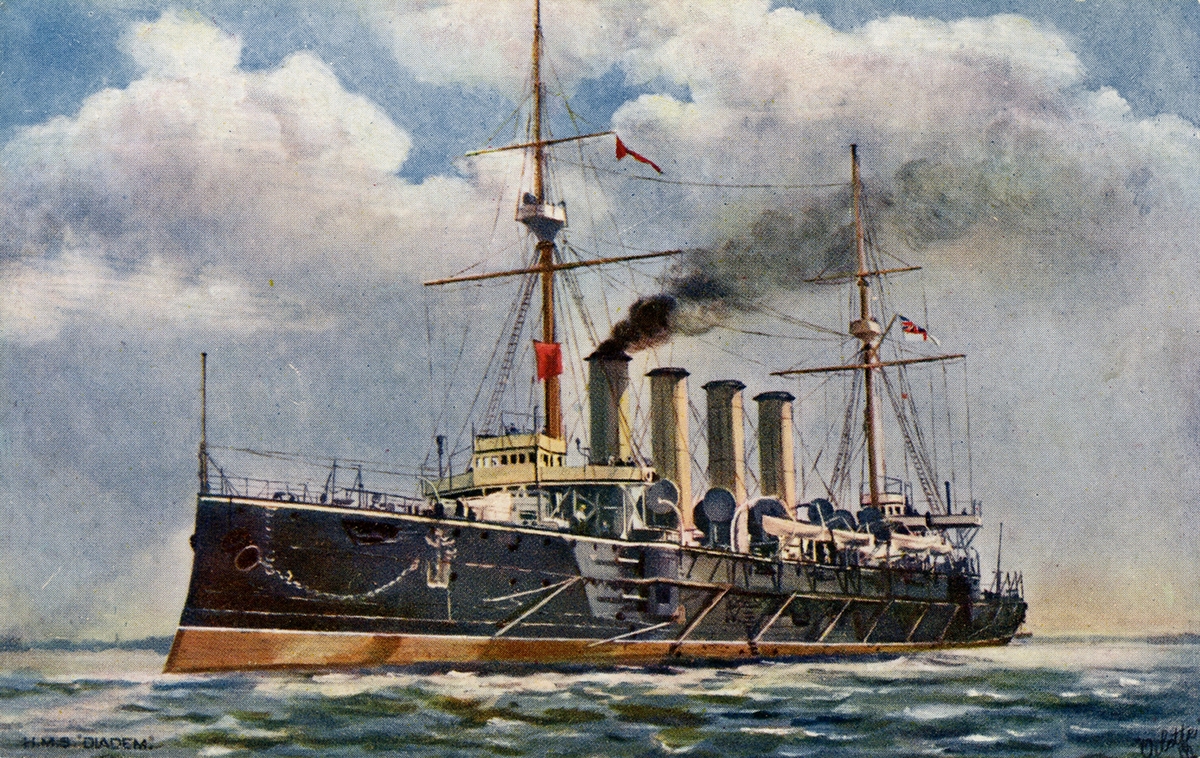 Den brittiska pansarkryssaren DIADEM. Konstvykort.