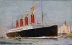 Atlantångare från Cunard Line lämnar New Yorks hamn. Målning, vykort.