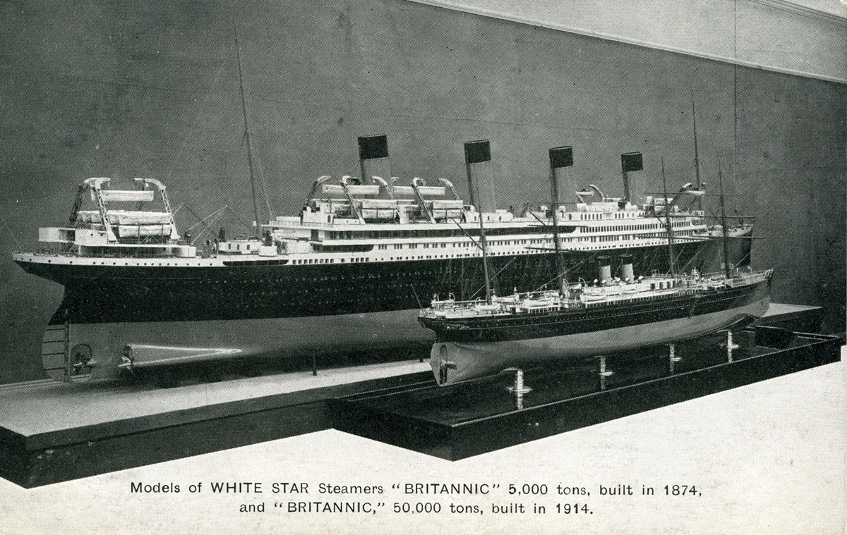 Models of White Star steamers "Brittanic" 5,000 tons, built in 1874 and "Brittanic", 50,000 tons, built in 1914.
