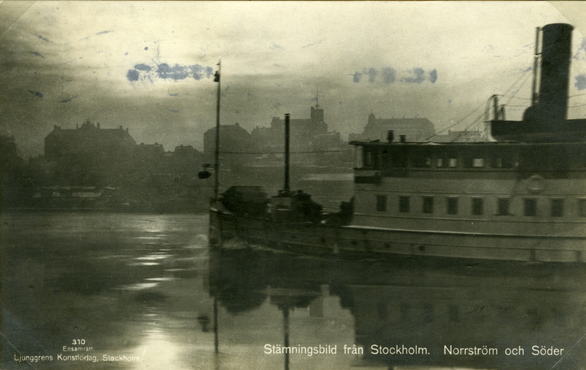 Stämningsbild från Stockholm. Norrström och Söder. Vykort.