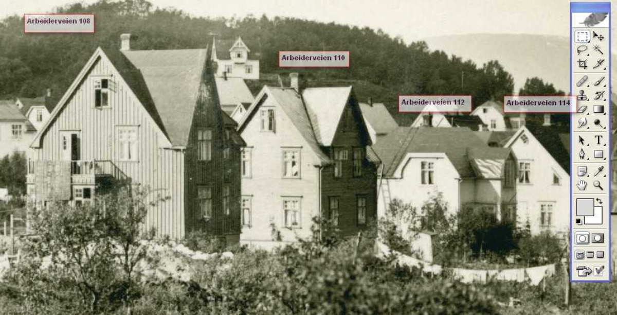 Nr 1 Arbeiderveien 108, Nr 2 Arbeiderveien 110 og Nr 3 Arbeiderveien 112 (Svean-gården) se foto m. nr. Framnes Narvik