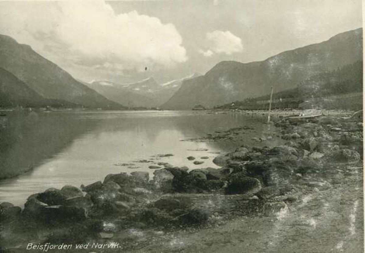 Ankenesstrand: Gamle kirkegård til h.  Narvik havn med Beisfjordfjellene i bakgrunnen.  Til venstre Fagernes med Kvitsandøra i bakgrunnen.