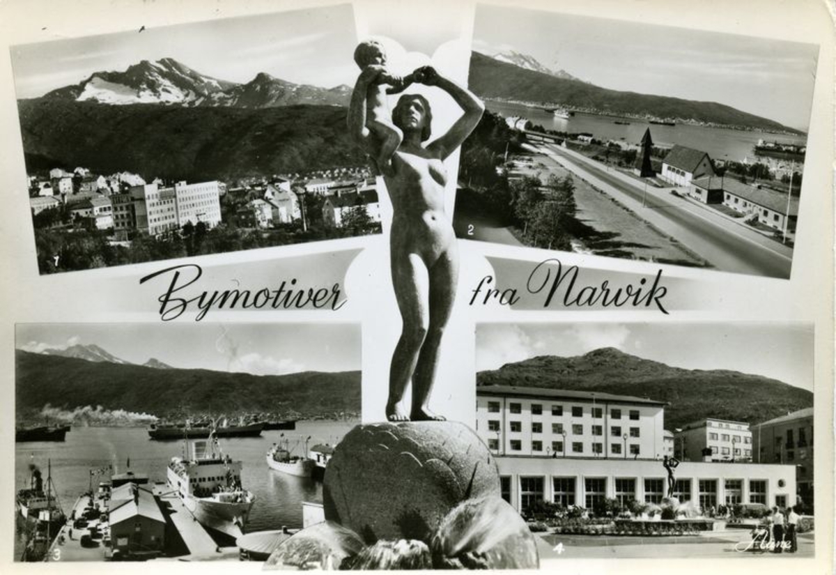 Narvik. Frihetsstatuen. fire bilder bymotiver. 1. Royal Hotell med Den sovende Dronning i bakgrunnen. 2. Sjøbakken med den Svenske Sjømannskirka. 3. Dampskipskaien med lokalbåter. Malmbåter på havna.  4. Torvområdet.