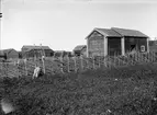 Mat- och spannmålsbod från Morkarla socken, Uppland under uppförande på friluftsmuseet Disagården, Gamla Uppsala 1930 - 1931