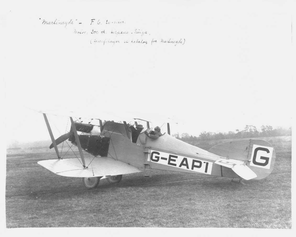 Ett fly på bakken, Martinsyde F6. G-EAPI. 2 personer ombord.