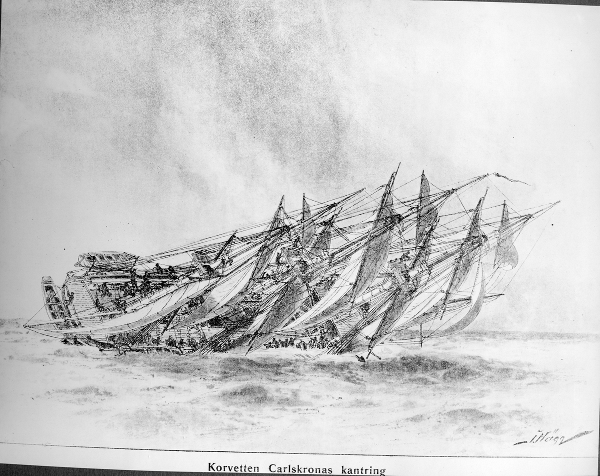 Reprofotografie efter en teckning av Jacob Hägg som ska föreställer kantringen av korvetten Carlskrona.