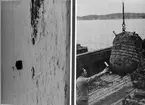 Reproduktion av två bilder som dokumenterar minröjning till havs. På första bilden flyter en mina på vattenytan. På andra bilden hänger en mina på en lyftanordning som lyfter minan ombord på ett fartyg.
