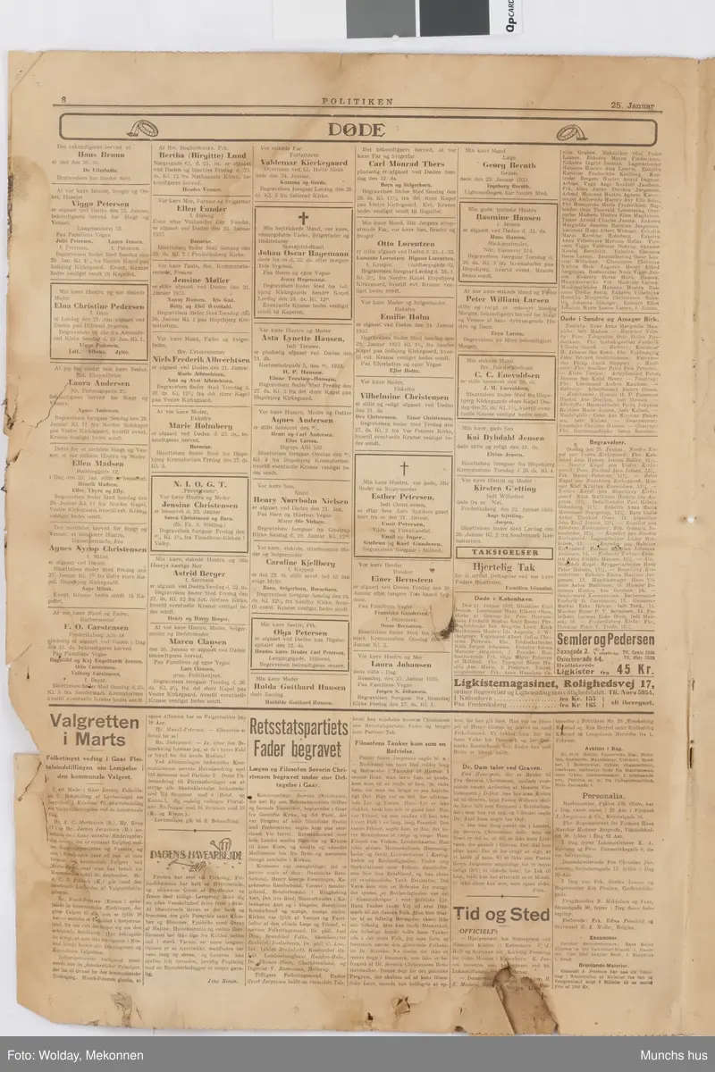 Del av avis (6 sider). Politiken 25. januar År ikke oppgitt.
Sannsynligvis brukt som mellomlegg mellom bilder i mappen.