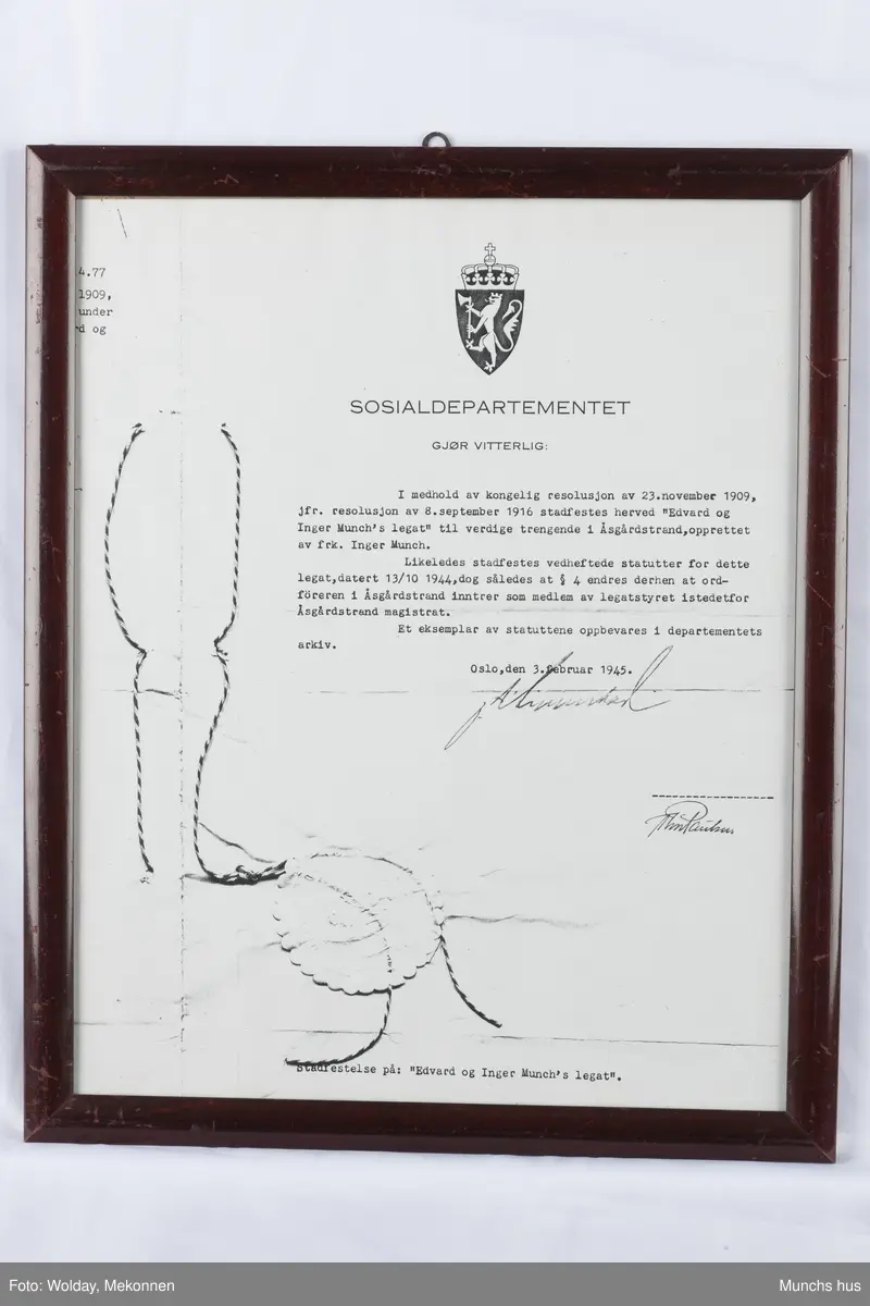 Kopi av "Edvard og Inger Munch`s legat" til verdig trengende,  i glass og ramme