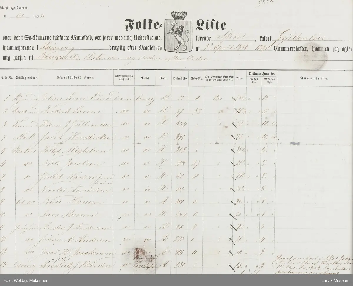 Folkeliste "Gyldenløve" av Laurvig, 2. april 1855